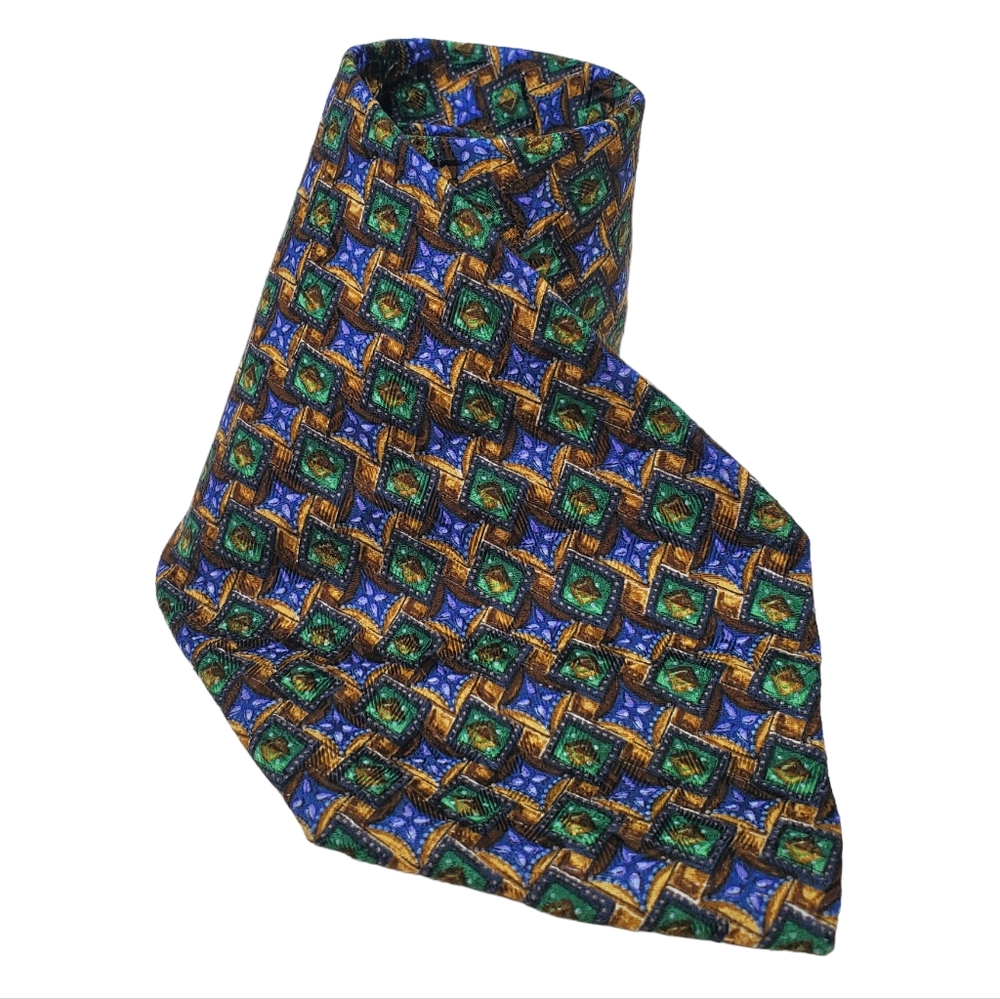 ERMENEGILDO ZEGNA Silk Blue Green Brown Geometric Tie 60" x 3.75"